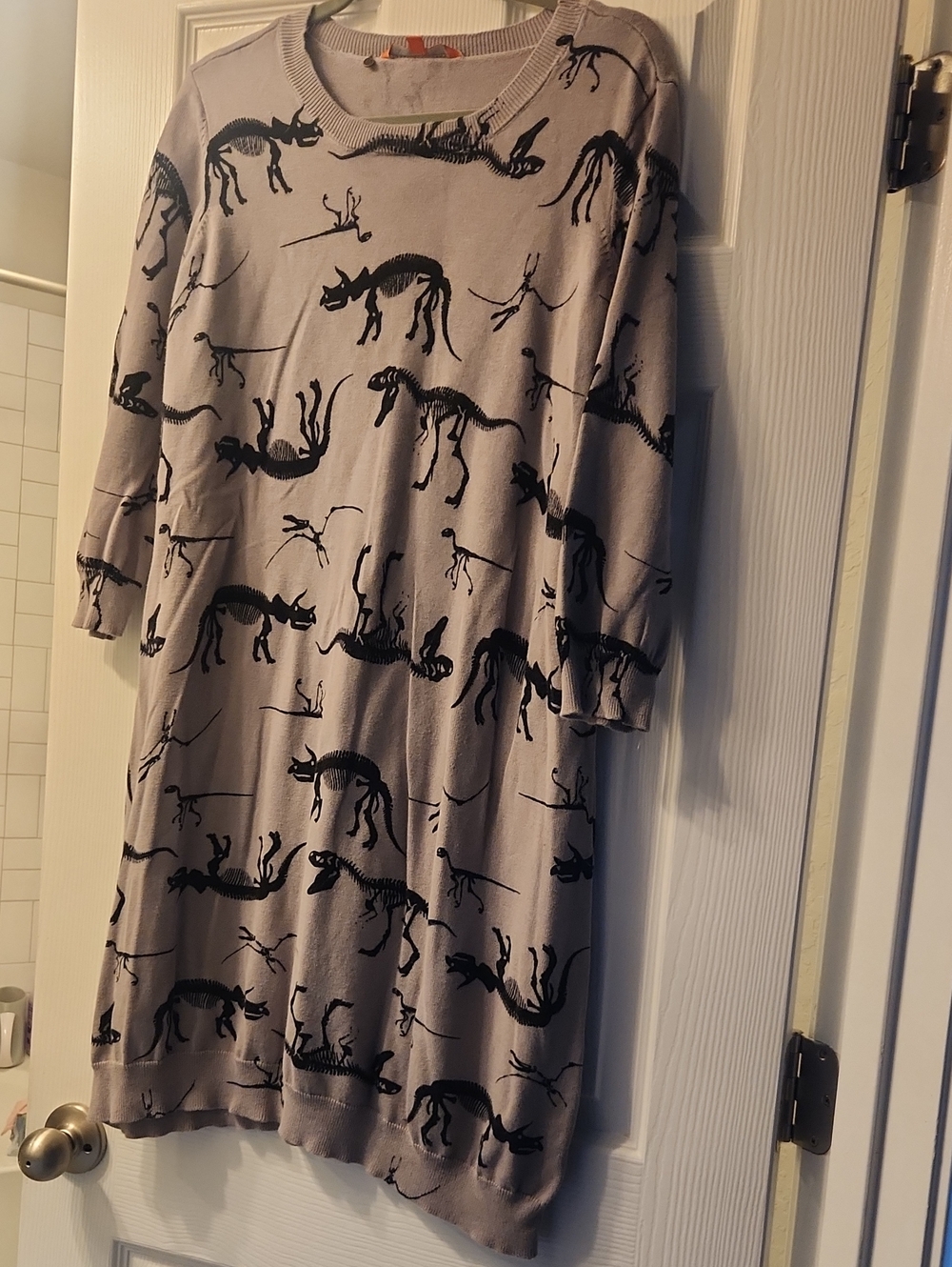 ModCloth Light Gray Long-Sleeve Dino Print Dress